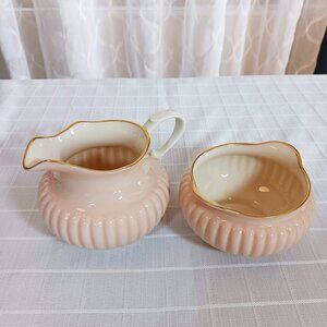 Lenox Blush Pink Sugar Bowl & Creamer, Ribbed with Gold Trim